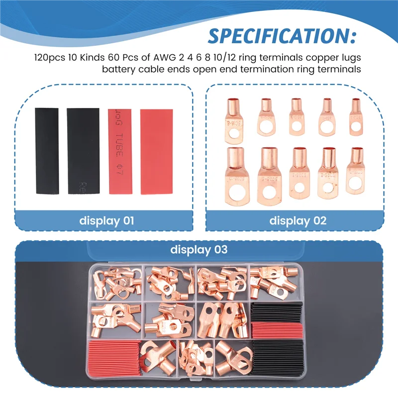 BAAJ-120Pcs Copper Wire Terminal Connectors, AWG 2 4 6 8 10 12 Ring Lug Kit With 60Pcs Heat Shrink 60Pcs Battery Cable Lugs
BAAJ-120Pcs Copper Wire Terminal Connectors, AWG 2 4 6 8 10 12 Ring Lug Kit With 60Pcs Heat Shrink 60Pcs Battery Cable Lugs