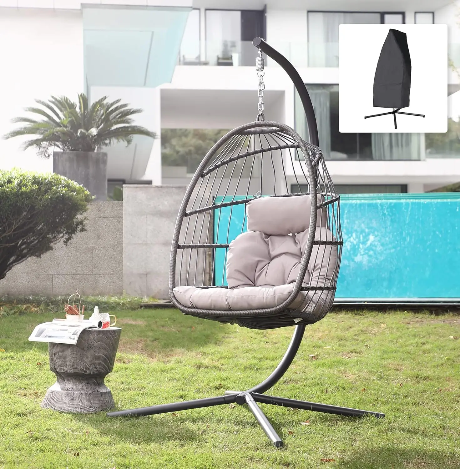 Indoor Outdoor Egg Swing Chair with Stand, Patio Grey Wicker Rattan Hanging Chair with Rope Back, Cushion,Cover
Indoor Outdoor Egg Swing Chair with Stand, Patio Grey Wicker Rattan Hanging Chair with Rope Back, Cushion,Cover