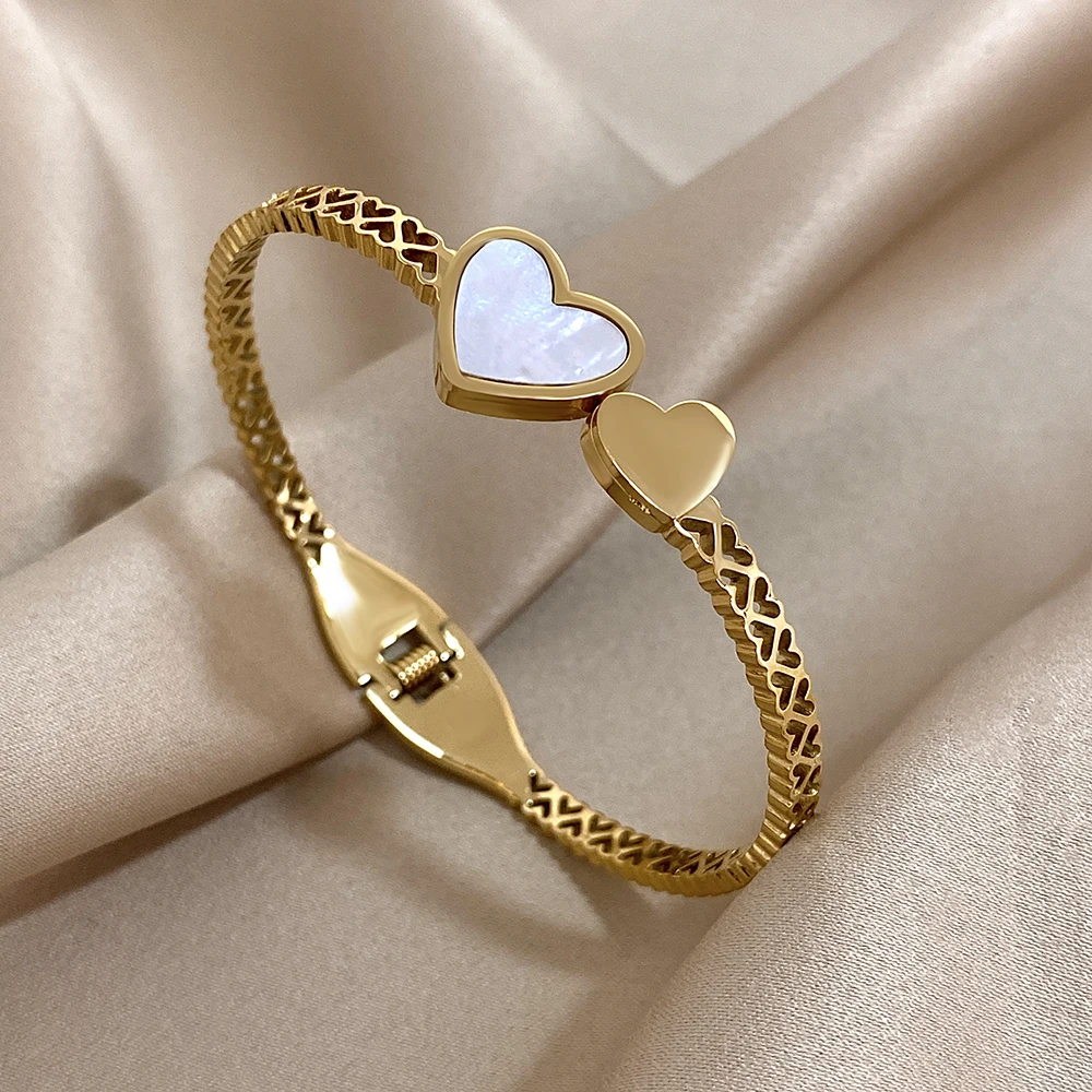 Gold Color Heart Stainless Steel Open Spring Bangles for Women Shinny Rhinestone Cuff Bracelets Waterproof Lady Jewelry Gifts
Gold Color Heart Stainless Steel Open Spring Bangles for Women Shinny Rhinestone Cuff Bracelets Waterproof Lady Jewelry Gifts