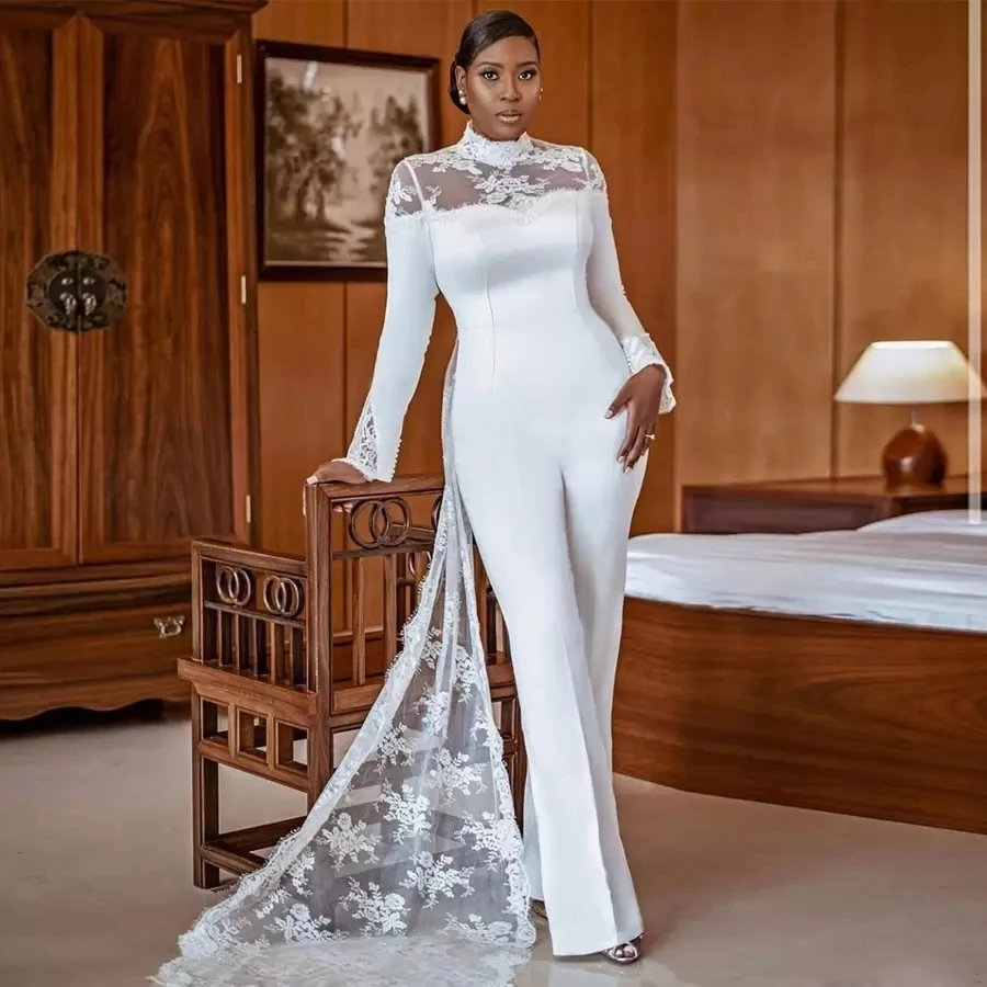 Jumpsuit Wedding Dresses Sheath Long Sleeves Chiffon Lace African Boho Beach Wedding Gown Bridal Dress Vestido De Noiva
Jumpsuit Wedding Dresses Sheath Long Sleeves Chiffon Lace African Boho Beach Wedding Gown Bridal Dress Vestido De Noiva