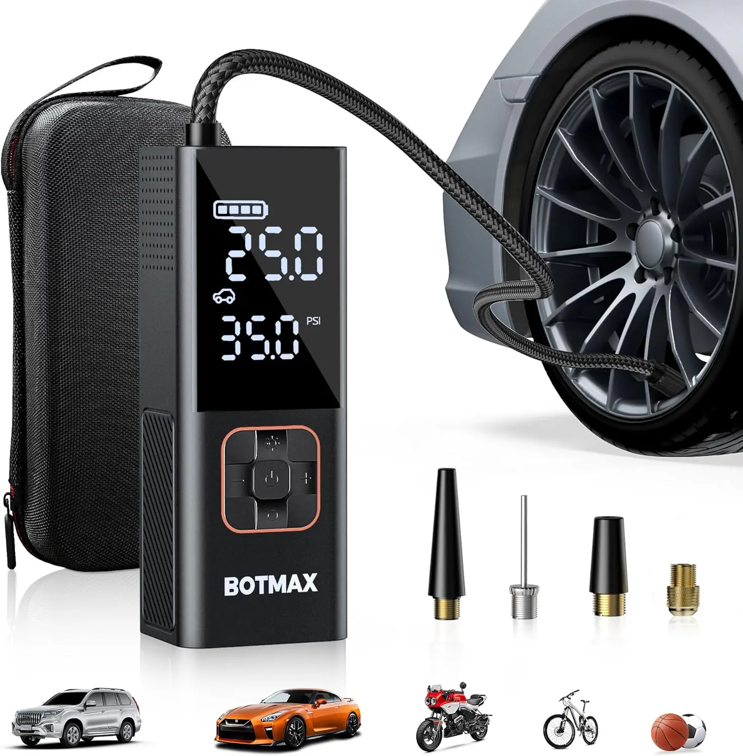 Portable Tire Inflator with Gauge, 160 PSI Air Compressor for Car, Bike, Motorcycle, and Balls, LED Light
Portable Tire Inflator with Gauge, 160 PSI Air Compressor for Car, Bike, Motorcycle, and Balls, LED Light