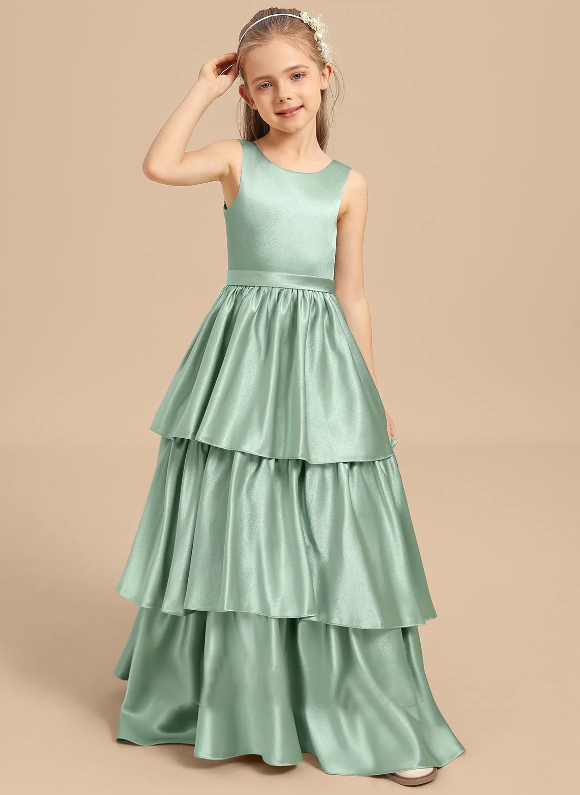 Бальное платье/принцесса с овальным вырезом длиной до пола, эластичное атласное платье с цветочным узором для девочек с бантом, индивидуальное пышное платье для девочек, свадебное платье для девочек