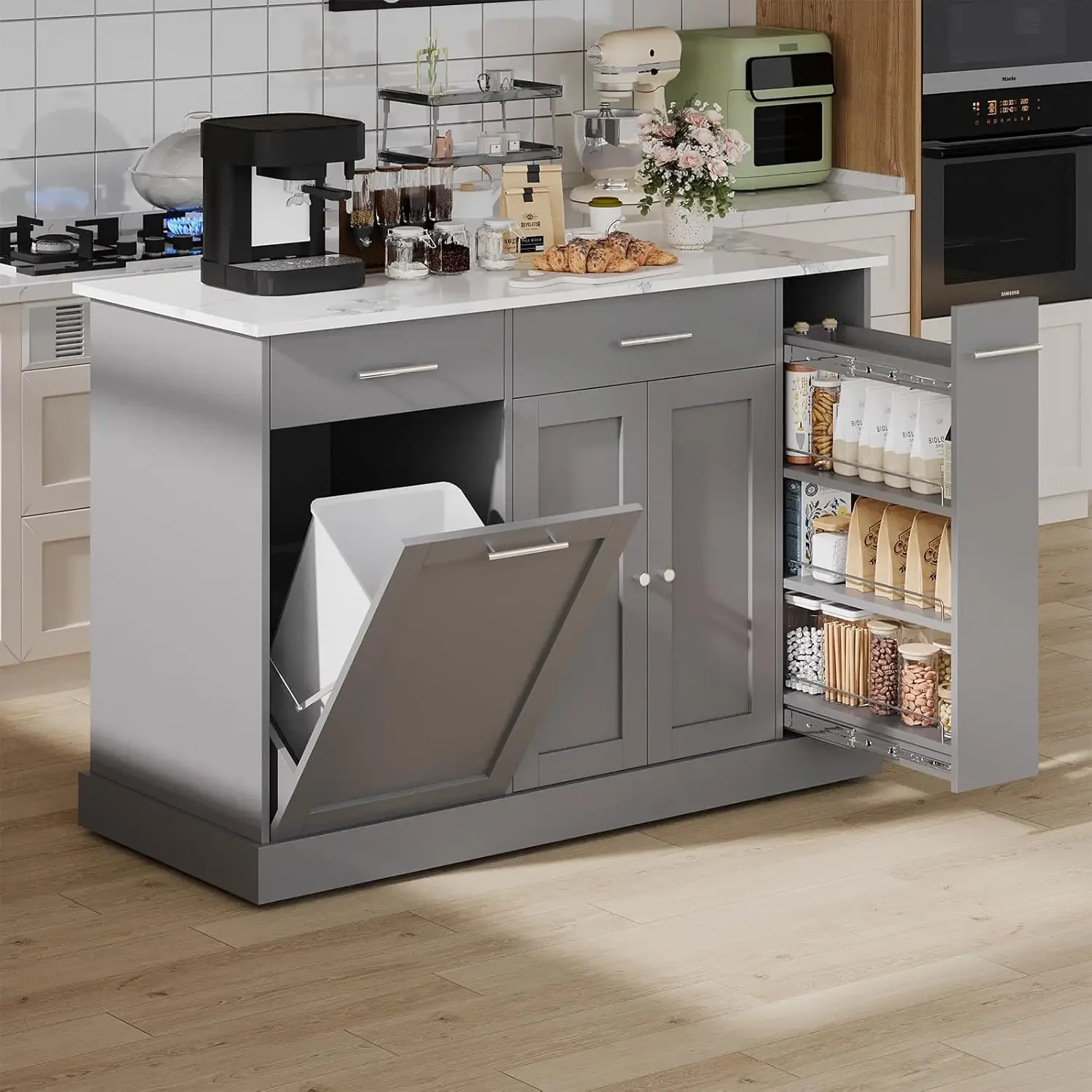 Rolling Kitchen Cart Island Countertop Storage Trash Can Spice Rack Towel Rack Marble Finish Grey
Rolling Kitchen Cart Island Countertop Storage Trash Can Spice Rack Towel Rack Marble Finish Grey