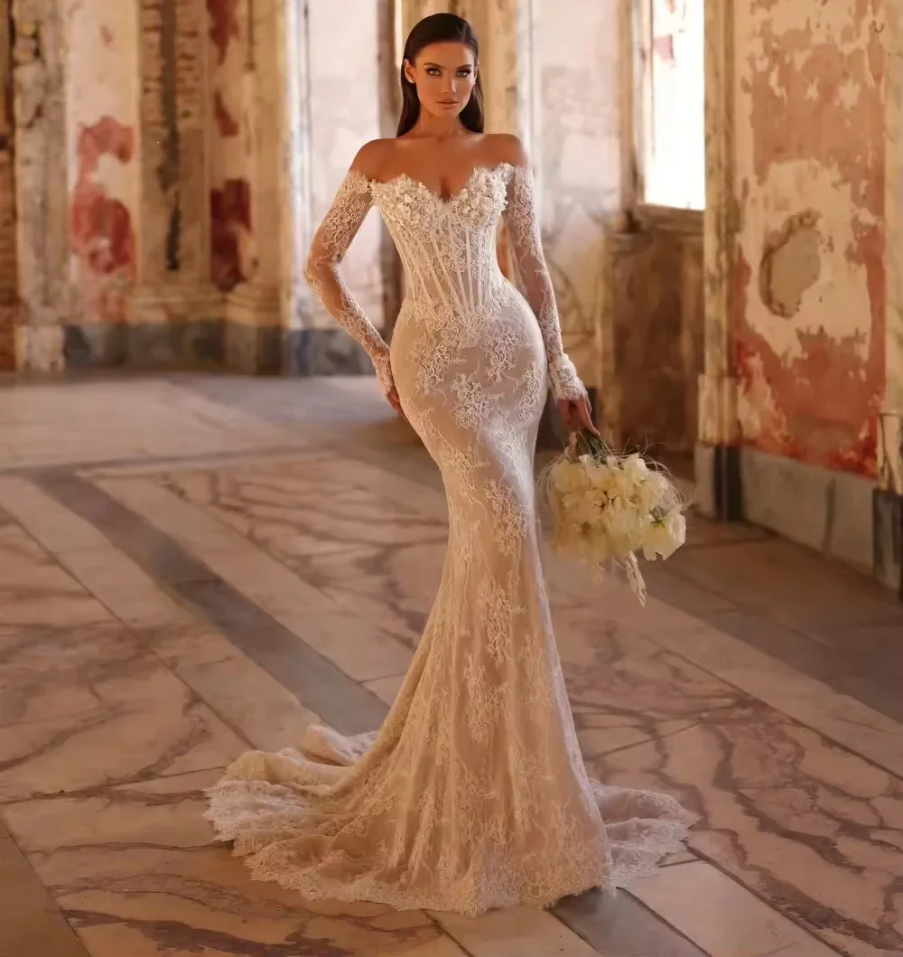 Customized 3D Shiny Pearls Flower Lace Mermaid Wedding Dress V-neck Off Shoulder Bridal Gown Mermaid Dresses For Bride
Customized 3D Shiny Pearls Flower Lace Mermaid Wedding Dress V-neck Off Shoulder Bridal Gown Mermaid Dresses For Bride