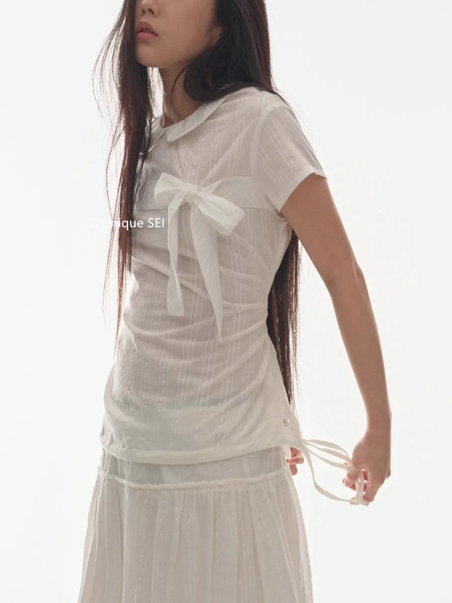 Summer Sweet Tie Up Bow Peter Pan Collar Short Sleeved Shirt Korean Designer Slim Fit Spicy Girl Blouse All Match Women Y2k Top
Summer Sweet Tie Up Bow Peter Pan Collar Short Sleeved Shirt Korean Designer Slim Fit Spicy Girl Blouse All Match Women Y2k Top