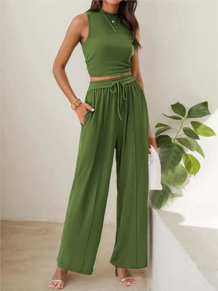 Summer Casual Women's Suits Fashionable Solid Color Sleeveless Slim Short Top + Loose Lace-up Wide Leg Pant Two Pieces Set
Summer Casual Women's Suits Fashionable Solid Color Sleeveless Slim Short Top + Loose Lace-up Wide Leg Pant Two Pieces Set