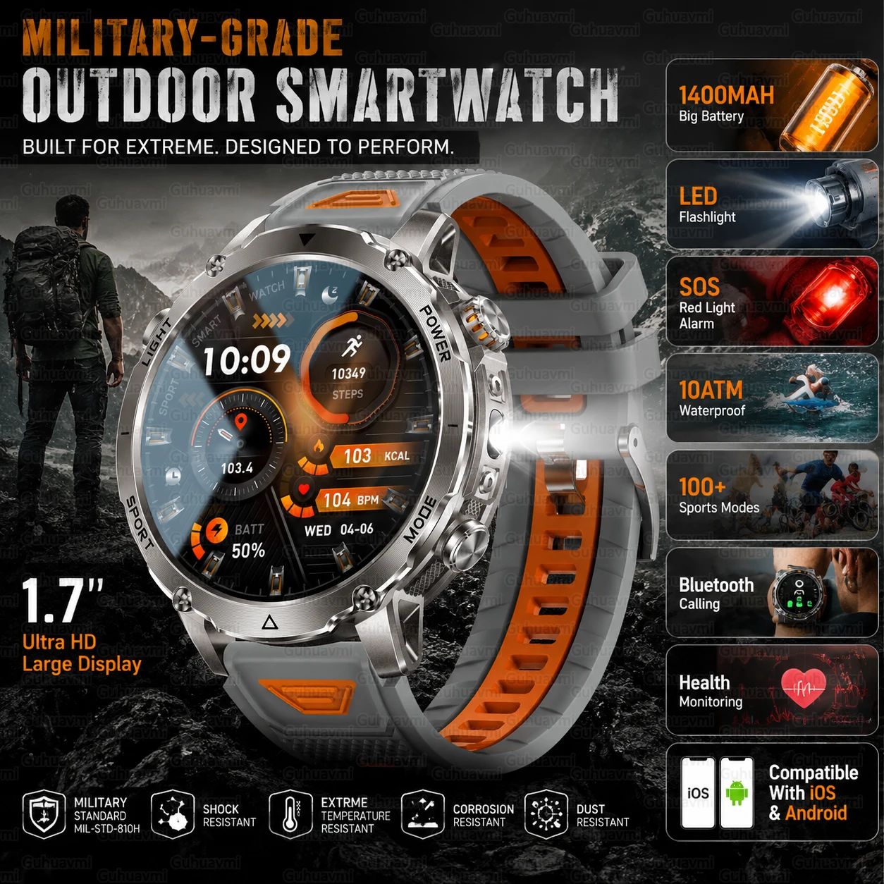 1400mAh Military Smart Watch 10ATM Waterproof 1.7-inch Outdoor Sport Flashlight Heart Rate Monitor Bluetooth Call SmartWatch Men
1400mAh Military Smart Watch 10ATM Waterproof 1.7-inch Outdoor Sport Flashlight Heart Rate Monitor Bluetooth Call SmartWatch Men