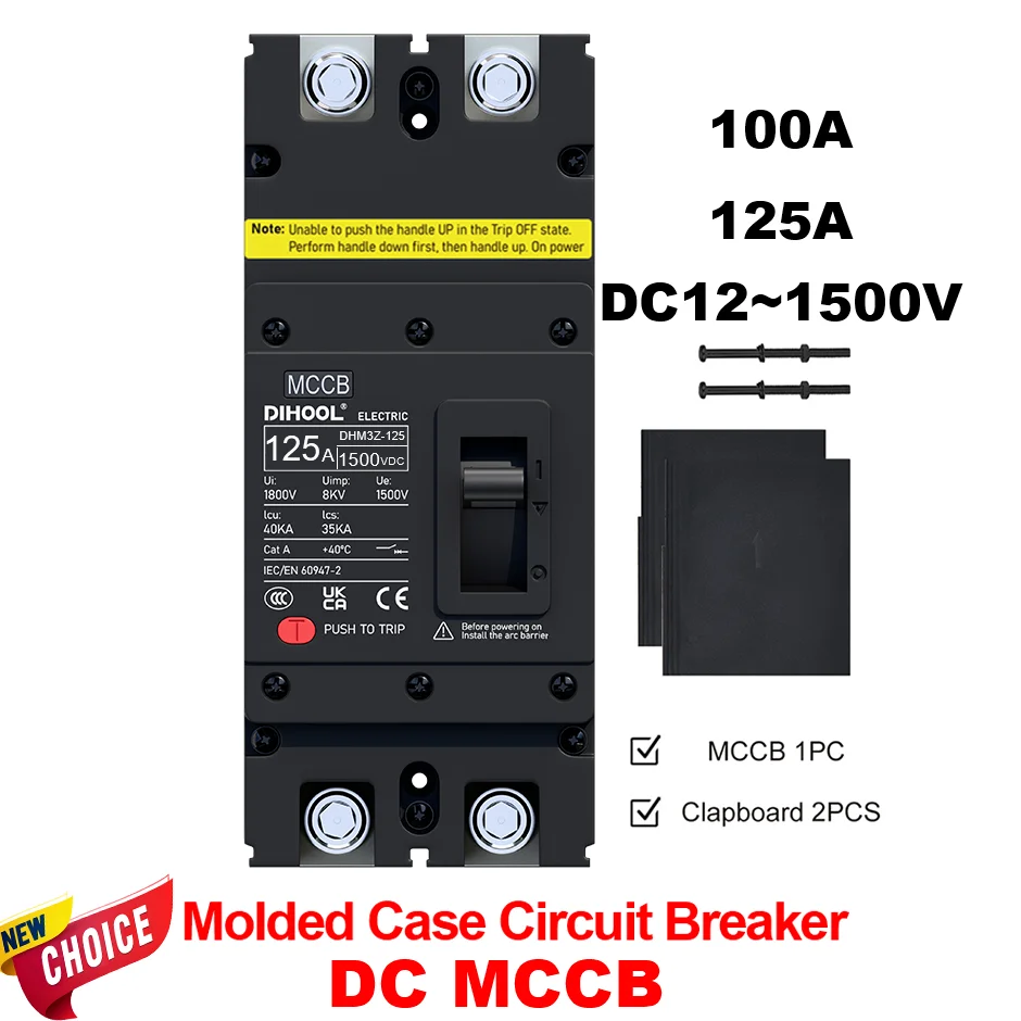 DC MCCB Molded Case Circuit Breaker 2 Poles 1500V 100A 125A Battery Solar Photovoltaic System Protector
DC MCCB Molded Case Circuit Breaker 2 Poles 1500V 100A 125A Battery Solar Photovoltaic System Protector