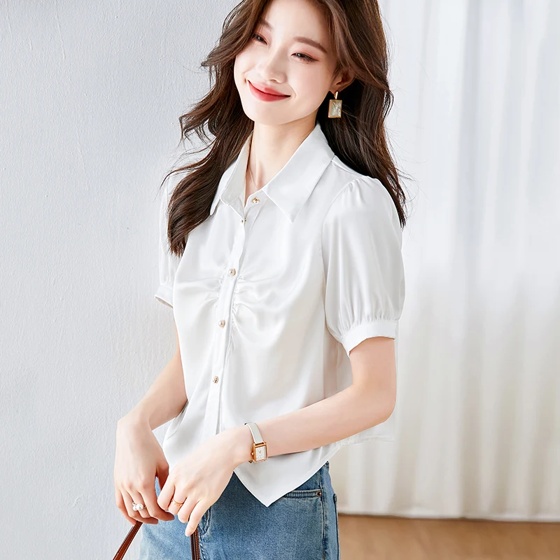 2025 Summer New Short Sleeve Shirt Pleated Irregular Design Elegant Female Clothing Blouse Fashion Single Breasted Womens Tops
2025 Summer New Short Sleeve Shirt Pleated Irregular Design Elegant Female Clothing Blouse Fashion Single Breasted Womens Tops