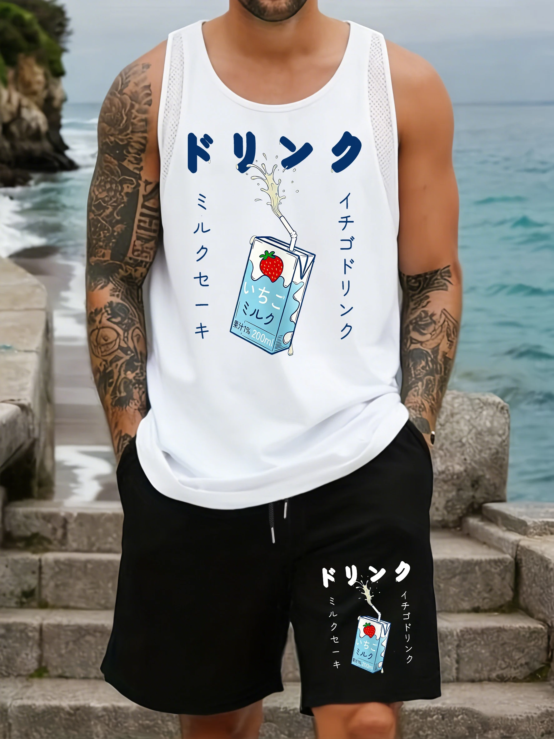 Delicious Strawberry Flavored Juice Print Vest Set Men Crewneck Sleeveless Mesh Tank Tops Summer Wide-Leg Drawstring Shorts
Delicious Strawberry Flavored Juice Print Vest Set Men Crewneck Sleeveless Mesh Tank Tops Summer Wide-Leg Drawstring Shorts