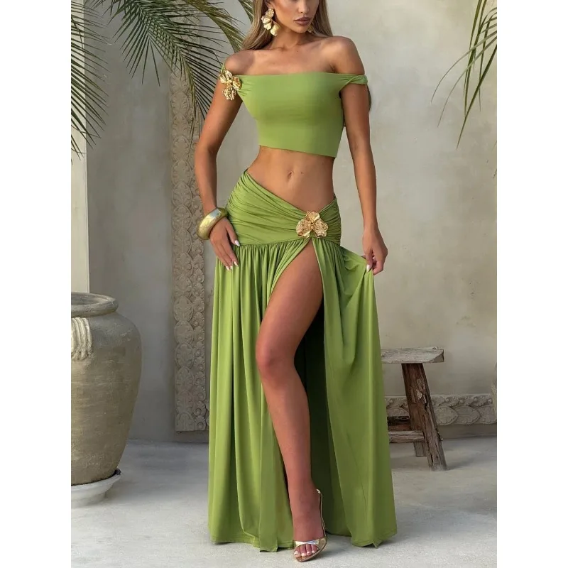 Vintage Two Piece Outfit Women One Shoulder Crop Top Ruched High Slit Maxi Skirt Metal Decor Party Set
Vintage Two Piece Outfit Women One Shoulder Crop Top Ruched High Slit Maxi Skirt Metal Decor Party Set