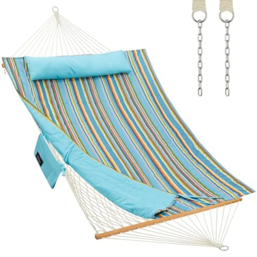 Outdoor double hammock for patio backyard poolside use, hardwood spreader bars, beige polyester pad and pillow, 475 lbs capacit
Outdoor double hammock for patio backyard poolside use, hardwood spreader bars, beige polyester pad and pillow, 475 lbs capacit