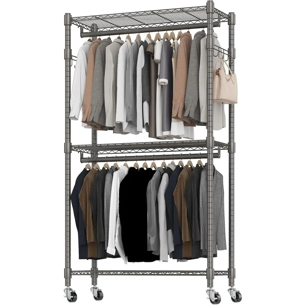 Grey Heavy-Duty Rolling Wardrobe Rack with Shelves, 35.5W x 16.5D x 80.7H, for Bedroom or Laundry Area
Grey Heavy-Duty Rolling Wardrobe Rack with Shelves, 35.5W x 16.5D x 80.7H, for Bedroom or Laundry Area