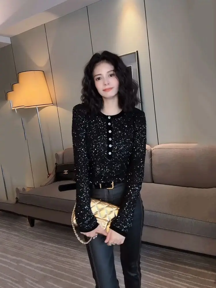 French Sequin Round Neck Black Shirt for Women 2025 Early Spring New Long-sleeved Slim Pullover
French Sequin Round Neck Black Shirt for Women 2025 Early Spring New Long-sleeved Slim Pullover