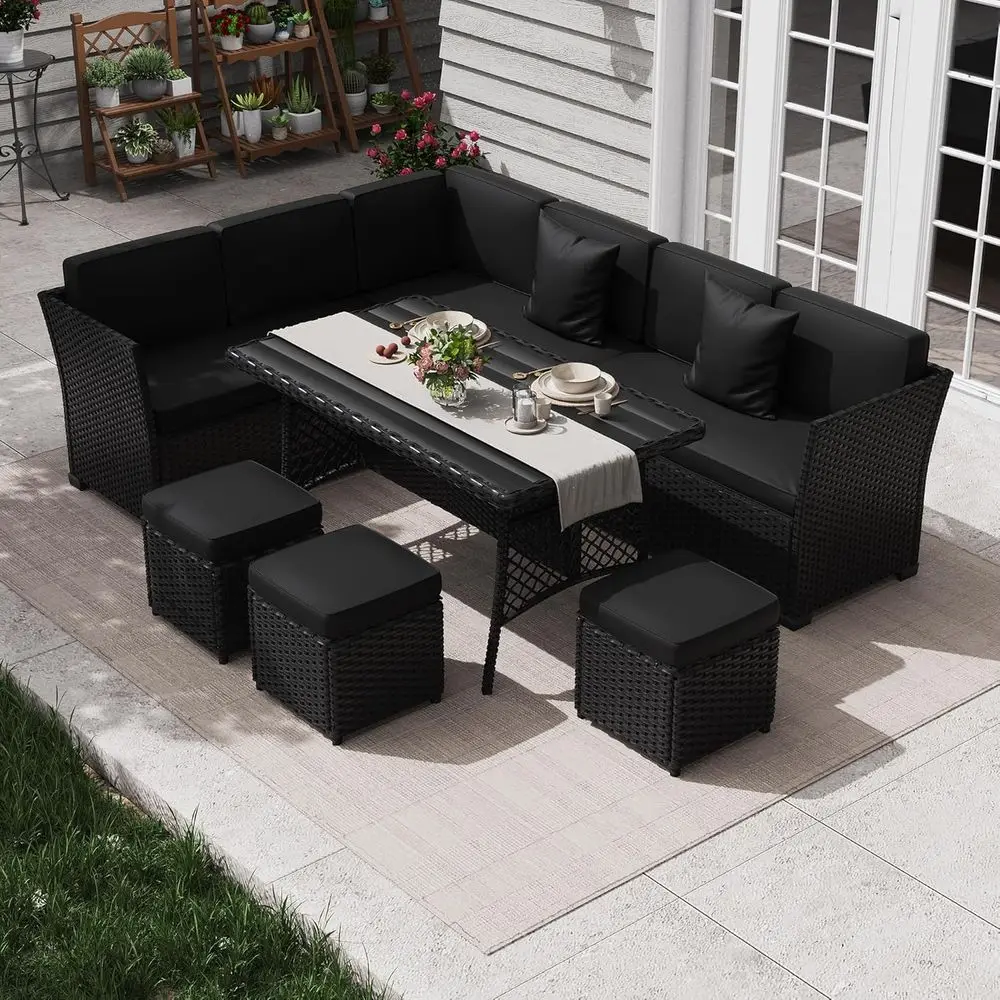 7-Piece Outdoor Wicker Dining Set with Table and Chairs in Black
7-Piece Outdoor Wicker Dining Set with Table and Chairs in Black