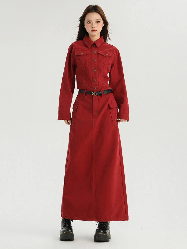 Women Long Sleeves Lapel Denim Jacket+High Waist Button Split Mid Long Skirt Outfit Female New Spring Autumn Denim Two Piece Set
Women Long Sleeves Lapel Denim Jacket+High Waist Button Split Mid Long Skirt Outfit Female New Spring Autumn Denim Two Piece Set