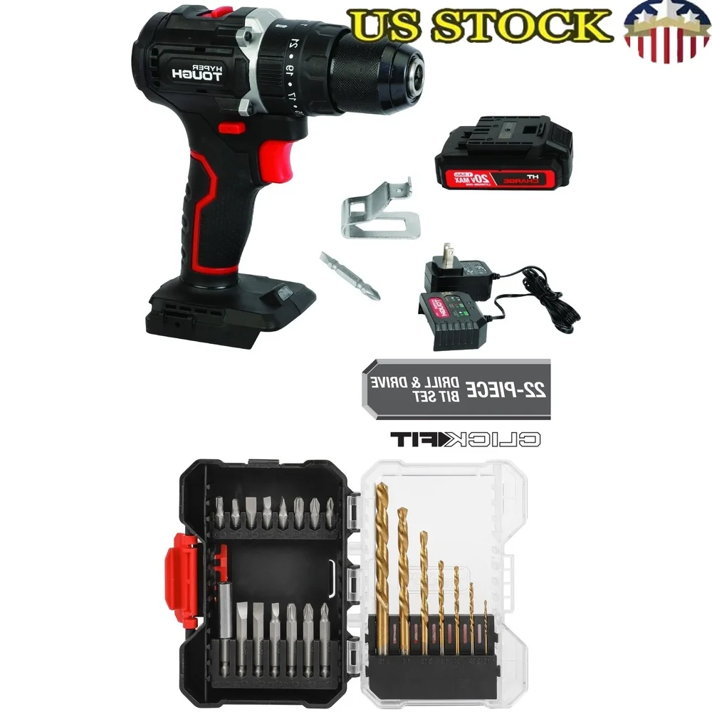 20V Max Brushless Cordless Hammer Drill 2 Speed 1/2 Inch Chuck LED Light 22 Piece Titanium Drill Set Click Fit Case
20V Max Brushless Cordless Hammer Drill 2 Speed 1/2 Inch Chuck LED Light 22 Piece Titanium Drill Set Click Fit Case