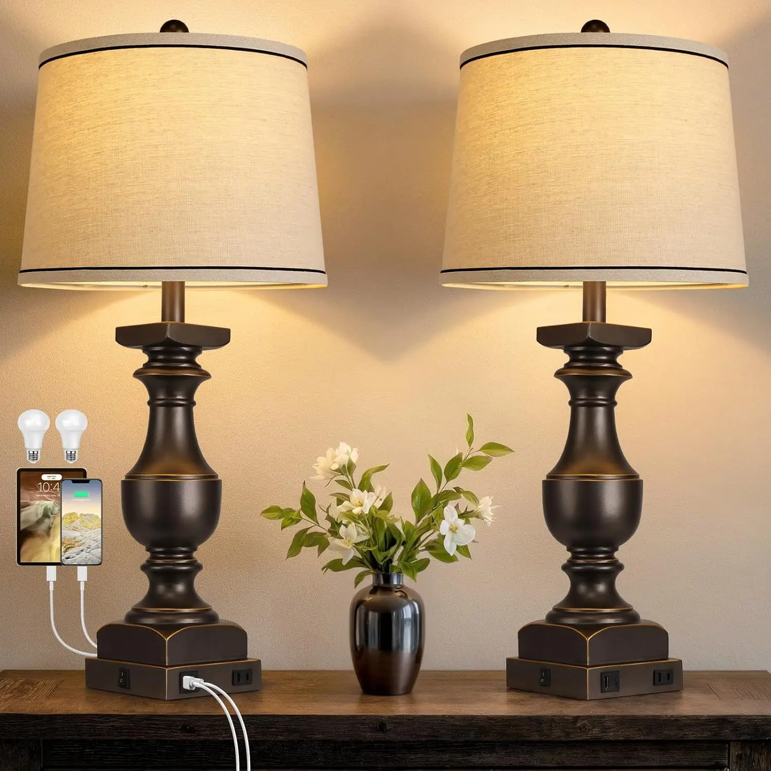 28'' Farmhouse Bedside Lamps Set of 2, Black Gold Table Lamps with USB A+C Ports, Linen Shades, Rocker Switch & Bulb Included
28'' Farmhouse Bedside Lamps Set of 2, Black Gold Table Lamps with USB A+C Ports, Linen Shades, Rocker Switch & Bulb Included