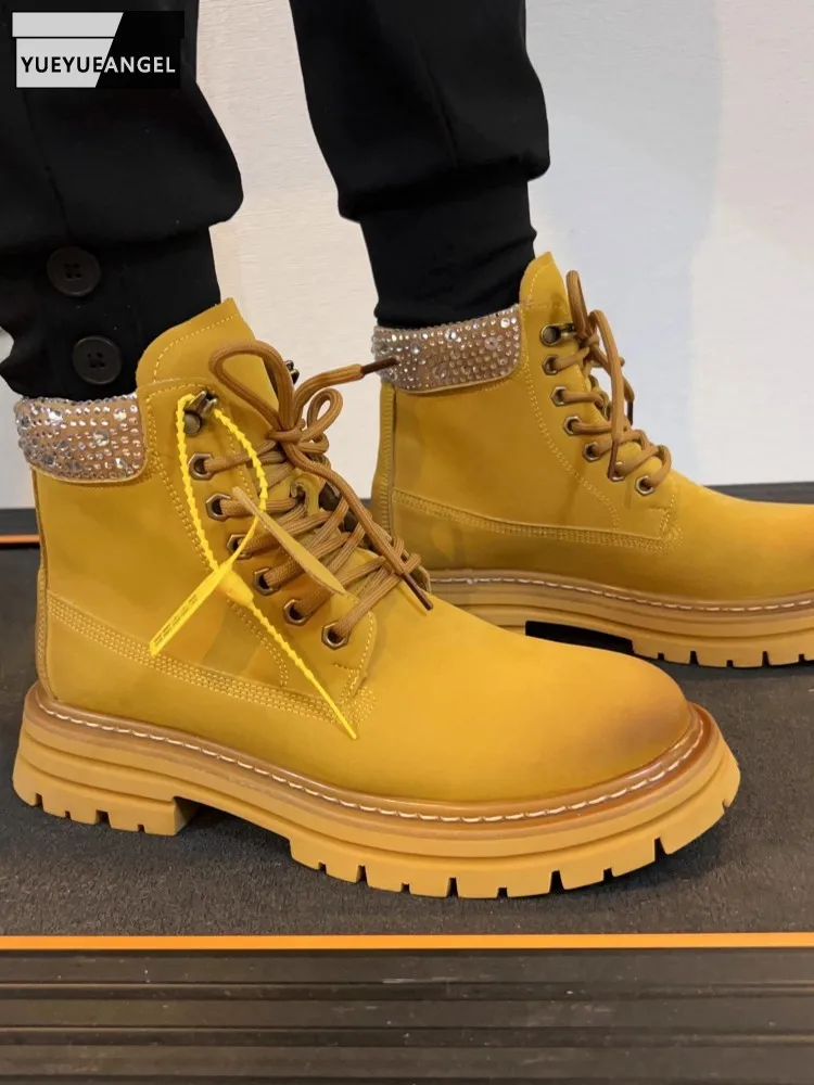 Fashion Mens Shiny Diamonds Cowhide Genuine Leather Ankle Boots Lace Up High Top Work Safety Shoes New Designer Motorcycle Boots
Fashion Mens Shiny Diamonds Cowhide Genuine Leather Ankle Boots Lace Up High Top Work Safety Shoes New Designer Motorcycle Boots