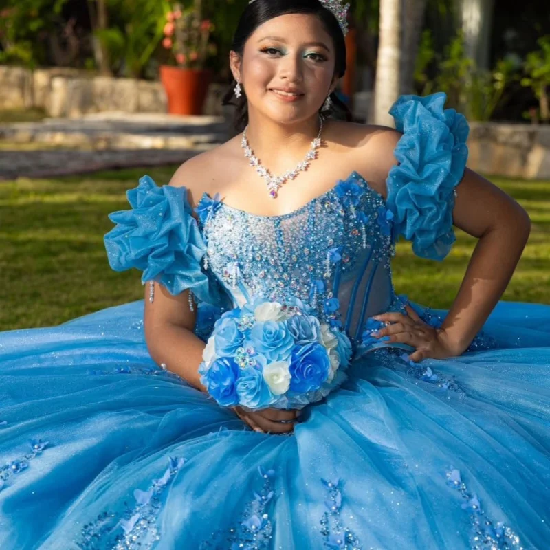 Blue Quinceanera Dress off-shoulder Glitter 3D Flower Crystal Decal Long tail Bow vestidos de 15 Quinceanera Customize
Blue Quinceanera Dress off-shoulder Glitter 3D Flower Crystal Decal Long tail Bow vestidos de 15 Quinceanera Customize
