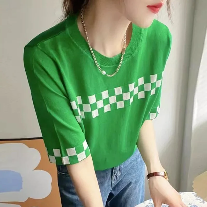 O Neck Knit Tops Femme Plaid T Shirt Women Short Sleeve Tshirts Female Tees Shirt Summer Casual Clothing 2023 Camisetas De Mujer
O Neck Knit Tops Femme Plaid T Shirt Women Short Sleeve Tshirts Female Tees Shirt Summer Casual Clothing 2023 Camisetas De Mujer