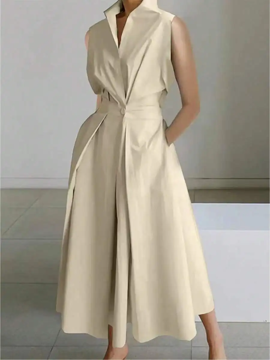 Cream Solid Sleeveless A-Line Maxi Dress with Collar and Waist Tie
Cream Solid Sleeveless A-Line Maxi Dress with Collar and Waist Tie