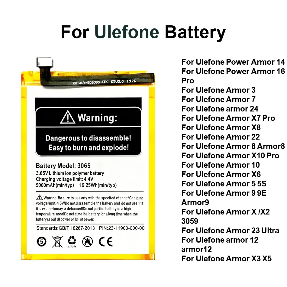 Battery For Ulefone Power 14 16 Armor 5S 9E x X10 X3 X5 X6 X7 X8 3 5 7 8 9 10 12 14 16 22 23 24 3059 Pro Ultra 2640-22000mAh
Battery For Ulefone Power 14 16 Armor 5S 9E x X10 X3 X5 X6 X7 X8 3 5 7 8 9 10 12 14 16 22 23 24 3059 Pro Ultra 2640-22000mAh