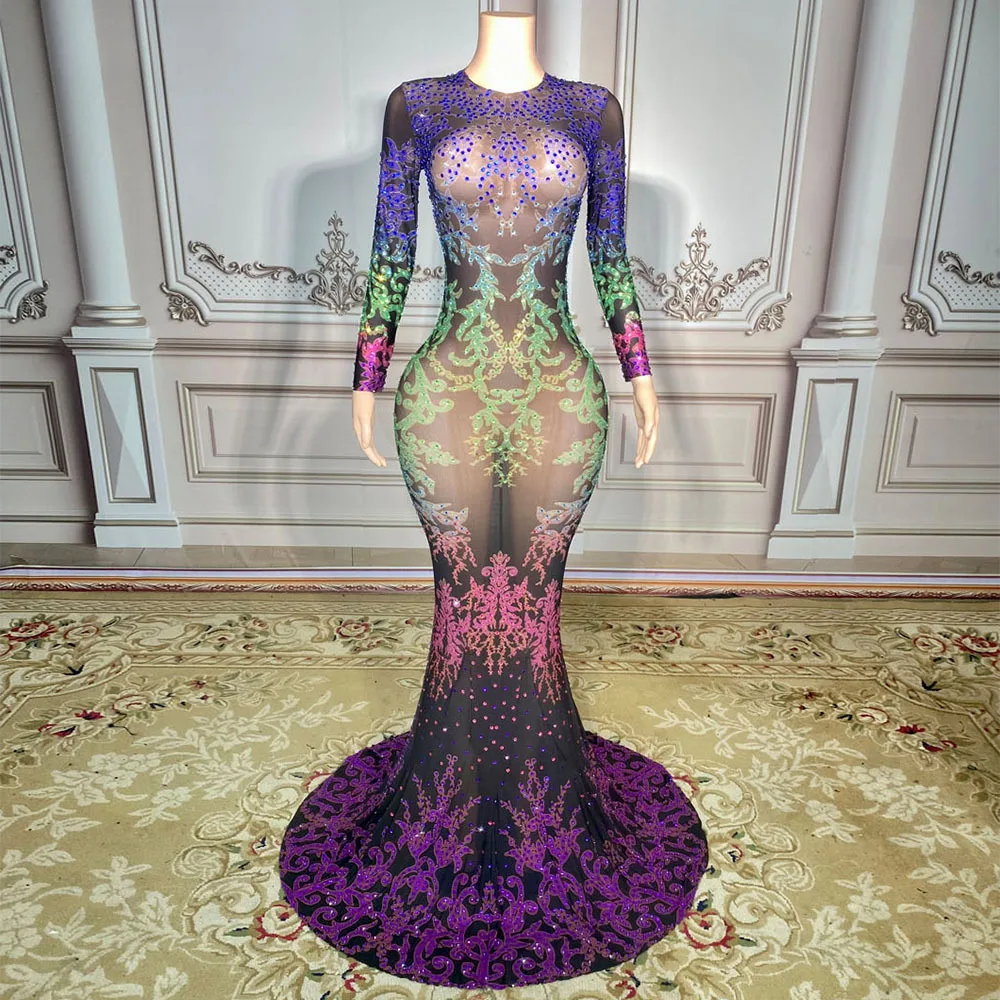 Women Sexy Rhinestone Tulle Perspective Long Sleeve Floor Skirt Female Singer Model Stage Performance Dress Club Evening Dress
Women Sexy Rhinestone Tulle Perspective Long Sleeve Floor Skirt Female Singer Model Stage Performance Dress Club Evening Dress