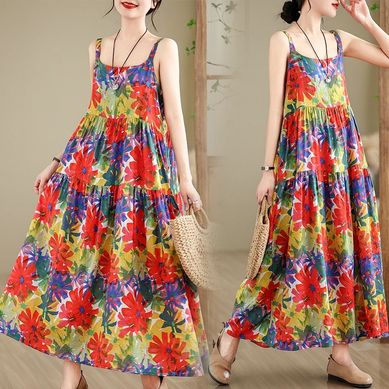 New 2024 Loose plus Size Cotton Lin Long Dress Women's Print Strap Dress Summer Fashionable Ethnic Style Stage Costume
New 2024 Loose plus Size Cotton Lin Long Dress Women's Print Strap Dress Summer Fashionable Ethnic Style Stage Costume