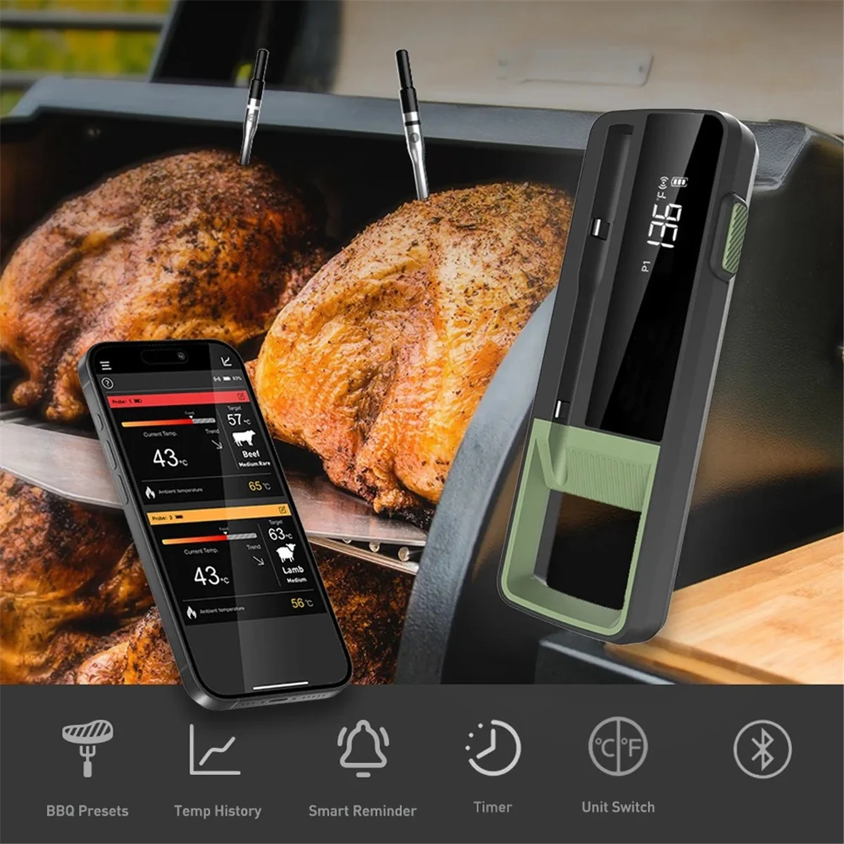 Беспроводной термометр для еды и мяса, умный цифровой Bluetooth-термометр для барбекю для кухни, духовки, гриля с 2 зондами, хит продаж
Беспроводной термометр для еды и мяса, умный цифровой Bluetooth-термометр для барбекю для кухни, духовки, гриля с 2 зондами, хит продаж