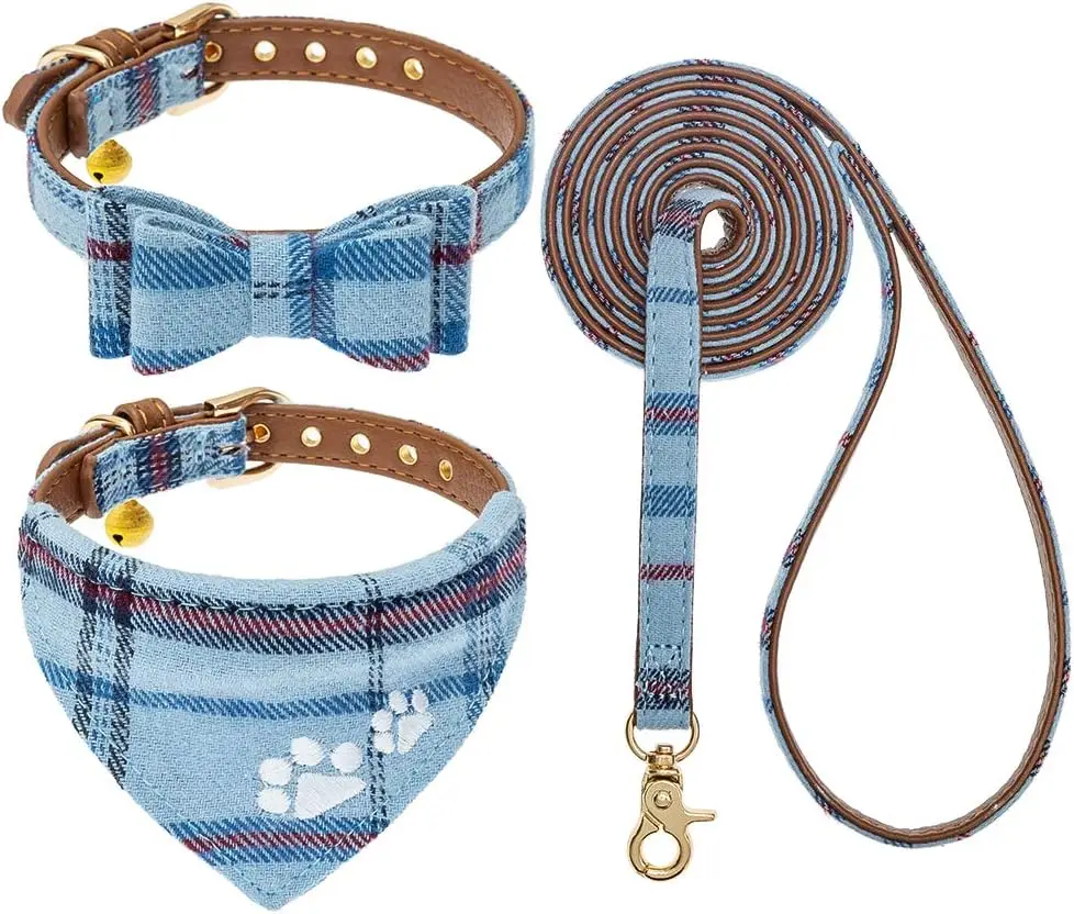 Puppy Collar and Leash Set - Embroidery Pawprints Plaid, Bow Tie and Bandana with Bell, Adjustable 9-11.5in, for Small Dogs Cats, Blue
Puppy Collar and Leash Set - Embroidery Pawprints Plaid, Bow Tie and Bandana with Bell, Adjustable 9-11.5in, for Small Dogs Cats, Blue