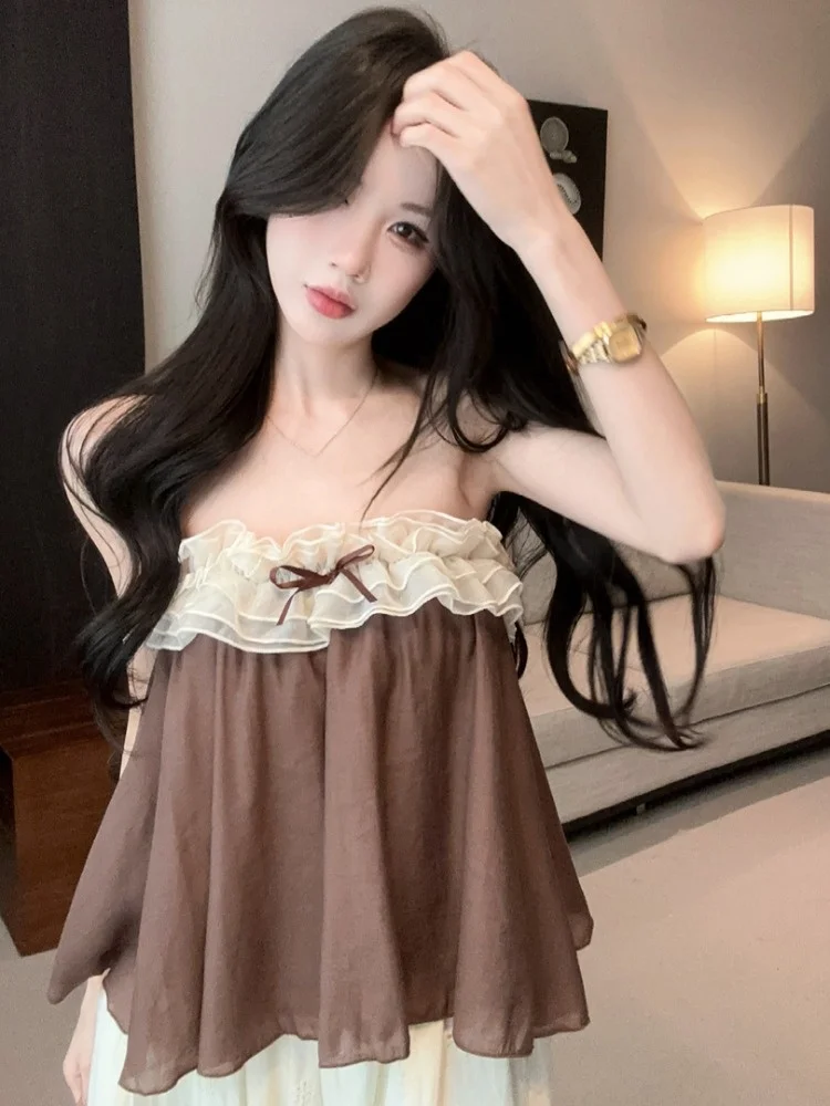 Sweet Style Loose Fit Slimming Tube Top Vest Women's Summer Design Ruffle Color Block Pleated Short Shirt City Walk Casual Wear
Sweet Style Loose Fit Slimming Tube Top Vest Women's Summer Design Ruffle Color Block Pleated Short Shirt City Walk Casual Wear