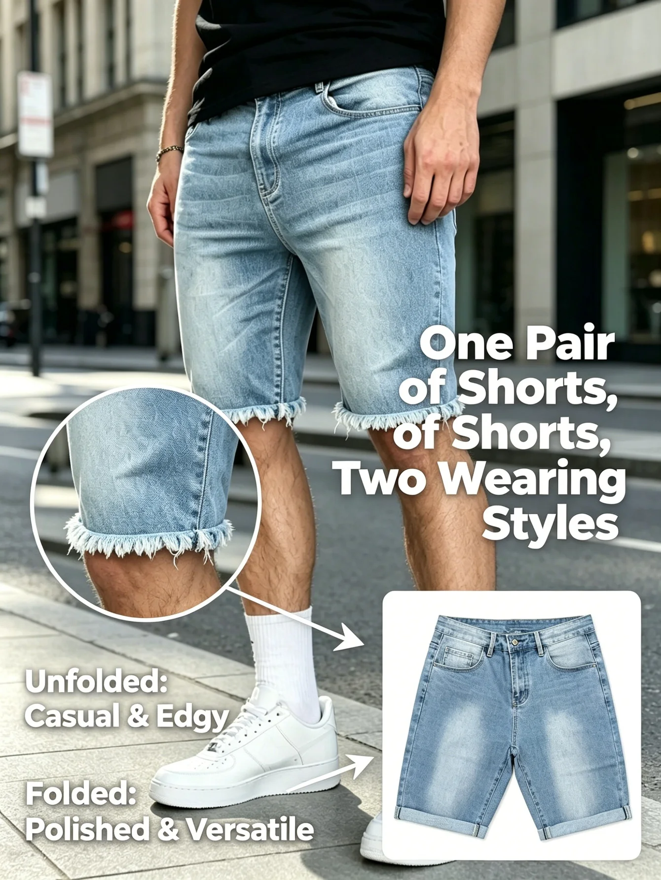Trendy stretch blue jorts slim fit original jeans casual street fashion daily practical attire
Trendy stretch blue jorts slim fit original jeans casual street fashion daily practical attire