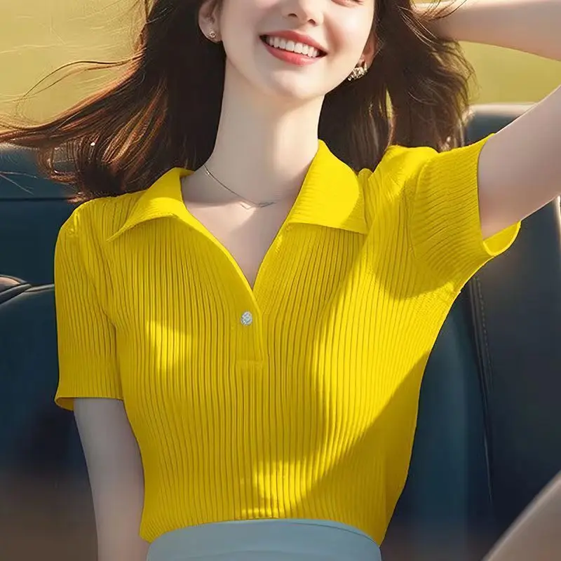Fashion Lapel Short Sleeve Knitted All-match T-Shirt Women's Clothing Summer New Loose Korean Tops Casual Tee Shirt
Fashion Lapel Short Sleeve Knitted All-match T-Shirt Women's Clothing Summer New Loose Korean Tops Casual Tee Shirt