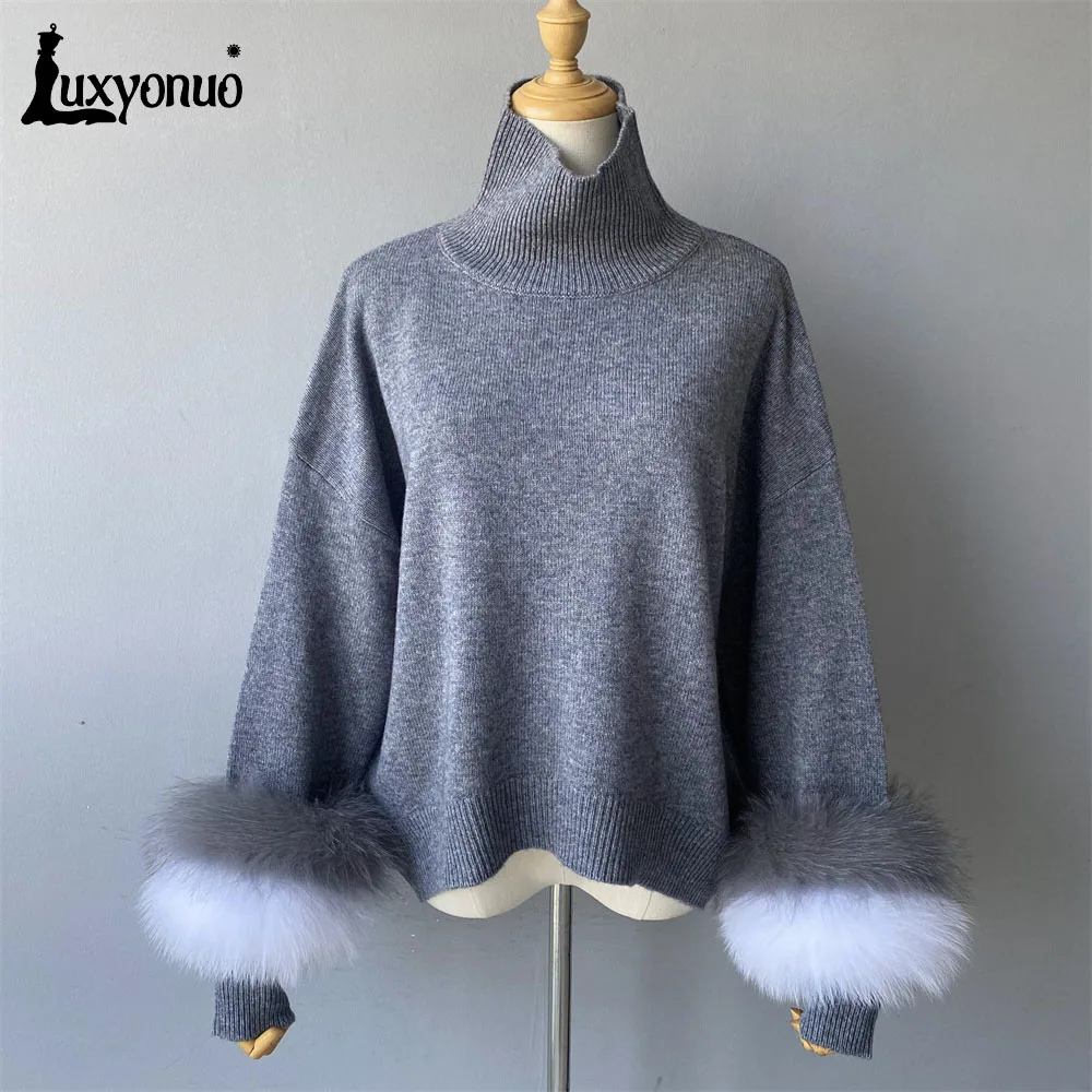 Luxyonuo Fashion Women Sweaters 2023 New Style Wool Knitted Pullover Real Fox Fur Cuffs Autumn Winter Warm Ladies Sweater Female
Luxyonuo Fashion Women Sweaters 2023 New Style Wool Knitted Pullover Real Fox Fur Cuffs Autumn Winter Warm Ladies Sweater Female
