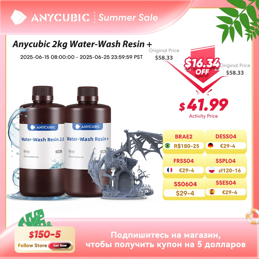ANYCUBIC 2 шт./лот 405 нм моющаяся водой смола для ЖК-дисплея 3D-принтера жидкая фотополимерная смола 3D материал для печати 1 кг/бутылка
ANYCUBIC 2 шт./лот 405 нм моющаяся водой смола для ЖК-дисплея 3D-принтера жидкая фотополимерная смола 3D материал для печати 1 кг/бутылка