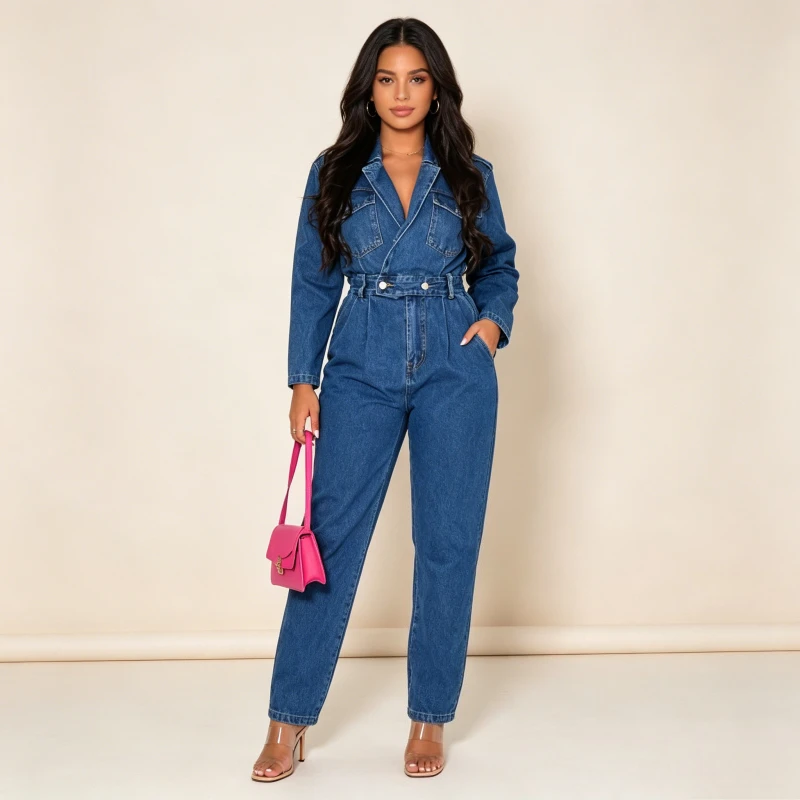 Denim Vintage One Pieces Jeans Stretch Jumpsuit Women Turn Down Collar Denim Casual Romper Overalls Streetwear Female Jumpsuits
Denim Vintage One Pieces Jeans Stretch Jumpsuit Women Turn Down Collar Denim Casual Romper Overalls Streetwear Female Jumpsuits