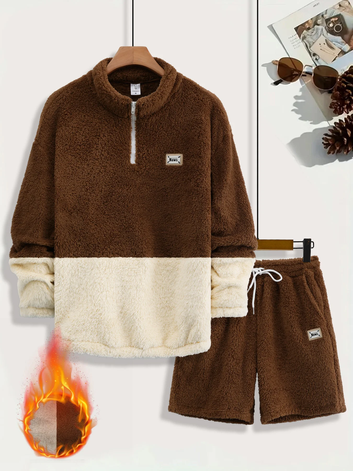Men's Brown White Colorblock Half Zip Fleece Hoodie + Drawstring Shorts Set Fleece Lined Casual Loungewear 2 Piece Outfit
Men's Brown White Colorblock Half Zip Fleece Hoodie + Drawstring Shorts Set Fleece Lined Casual Loungewear 2 Piece Outfit