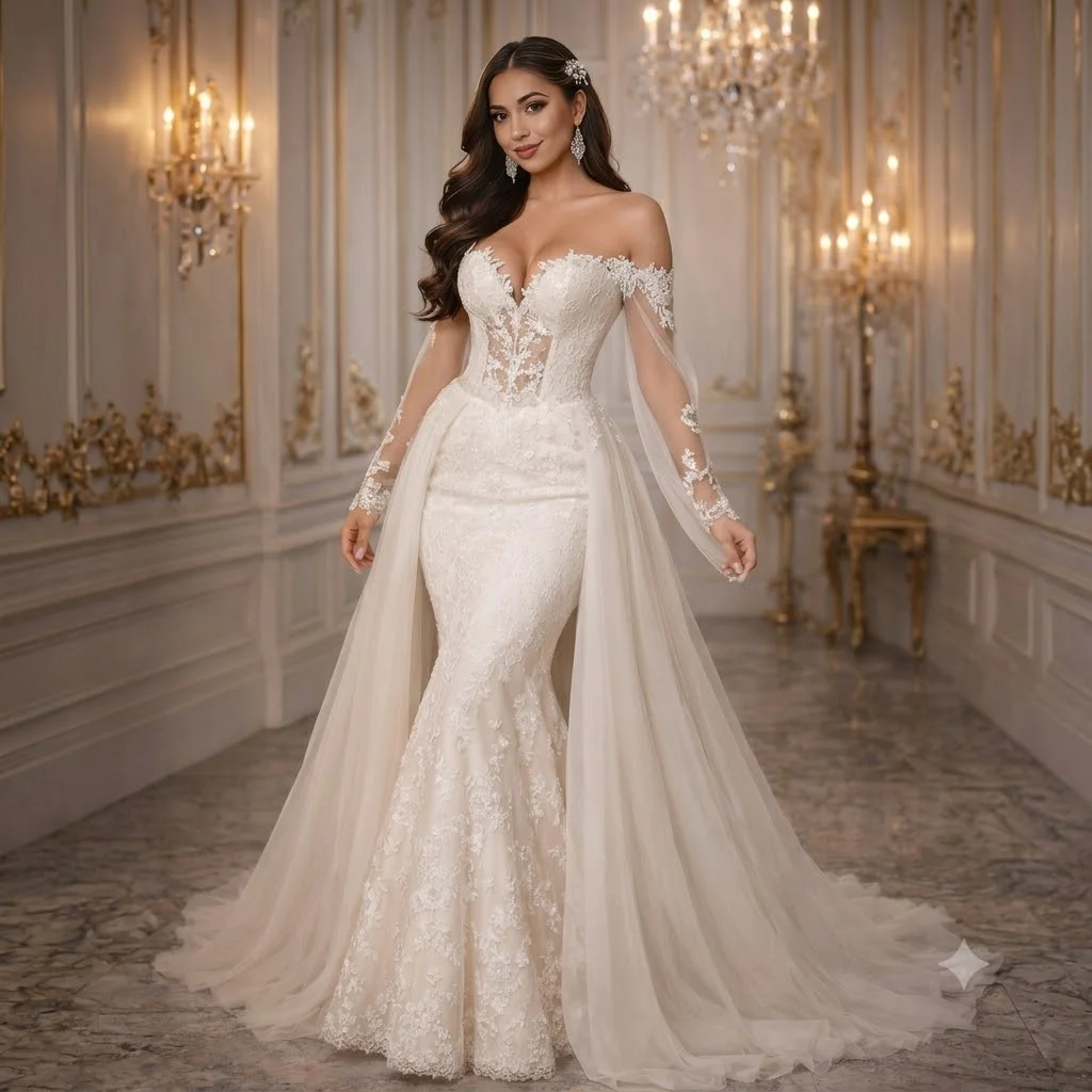 Custom Vestido De Novia Off Shoulder Lace Mermaid Wedding Dress with Detachable Tulle Cape Long Sleeve Court Train Bridal Gown
Custom Vestido De Novia Off Shoulder Lace Mermaid Wedding Dress with Detachable Tulle Cape Long Sleeve Court Train Bridal Gown