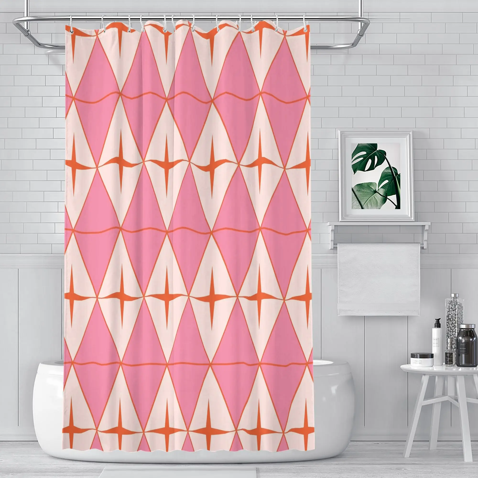Mid-Century Shower Curtain – Pink & White Diamonds with Orange Atomic Starbursts, Polyester, 12 Hooks, Water-Resistant
Mid-Century Shower Curtain – Pink & White Diamonds with Orange Atomic Starbursts, Polyester, 12 Hooks, Water-Resistant