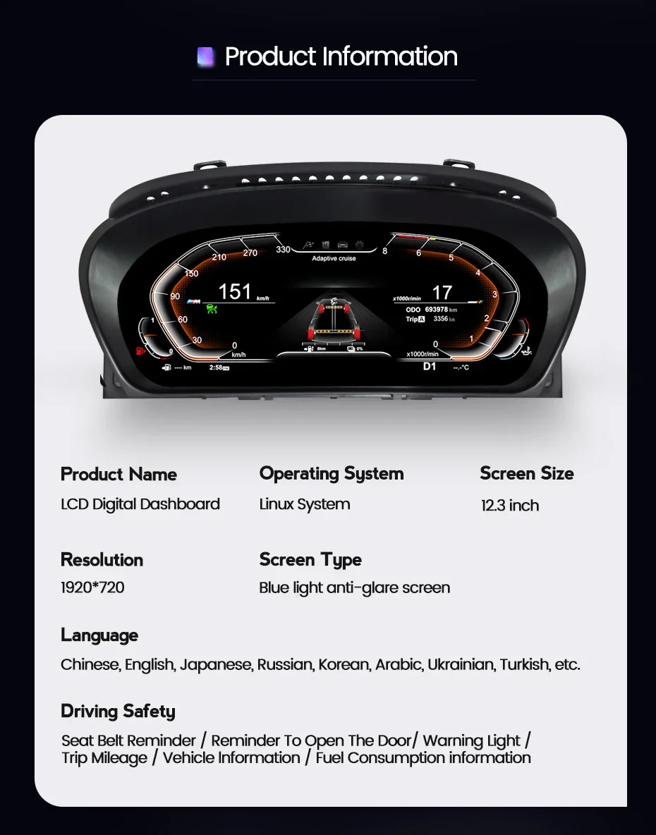 Car LCD Dashboard Digital Cluster Cockpit Instrument For BMW 5 Series E60 E61 E89 X1 E84 E87 2003-2009 Panel Speedometer Screen
Car LCD Dashboard Digital Cluster Cockpit Instrument For BMW 5 Series E60 E61 E89 X1 E84 E87 2003-2009 Panel Speedometer Screen