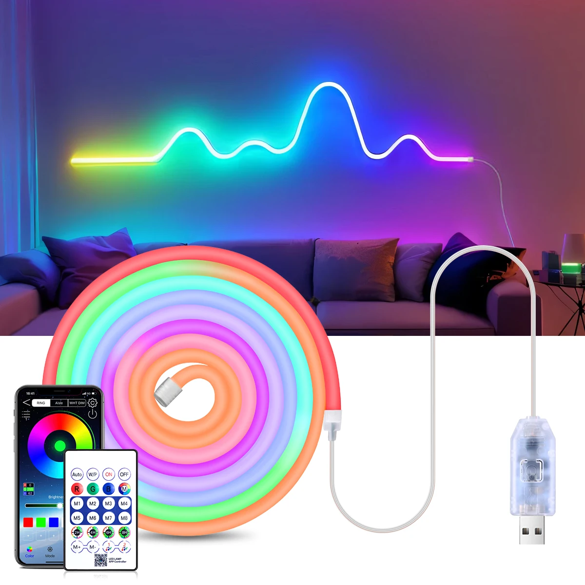 Светодиодная неоновая лента с Bluetooth-управлением, 3/5/10 м, USB, RGBIC, многоцветная, гибкая, для декора спальни и игровой комнаты
Светодиодная неоновая лента с Bluetooth-управлением, 3/5/10 м, USB, RGBIC, многоцветная, гибкая, для декора спальни и игровой комнаты