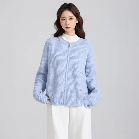 Blue Round Neck Zipper Sweater Jacket for Autumn and Winter, Loose and Lazy Style Knitted Cardigan Top for Women