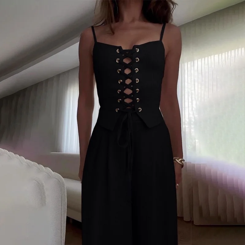 Lace-up Corset Trouser Suit Solid Color Simple Casual Loose Fashion Commuter Style Spaghetti Strap Wide Trousers Two-piece Set
Lace-up Corset Trouser Suit Solid Color Simple Casual Loose Fashion Commuter Style Spaghetti Strap Wide Trousers Two-piece Set