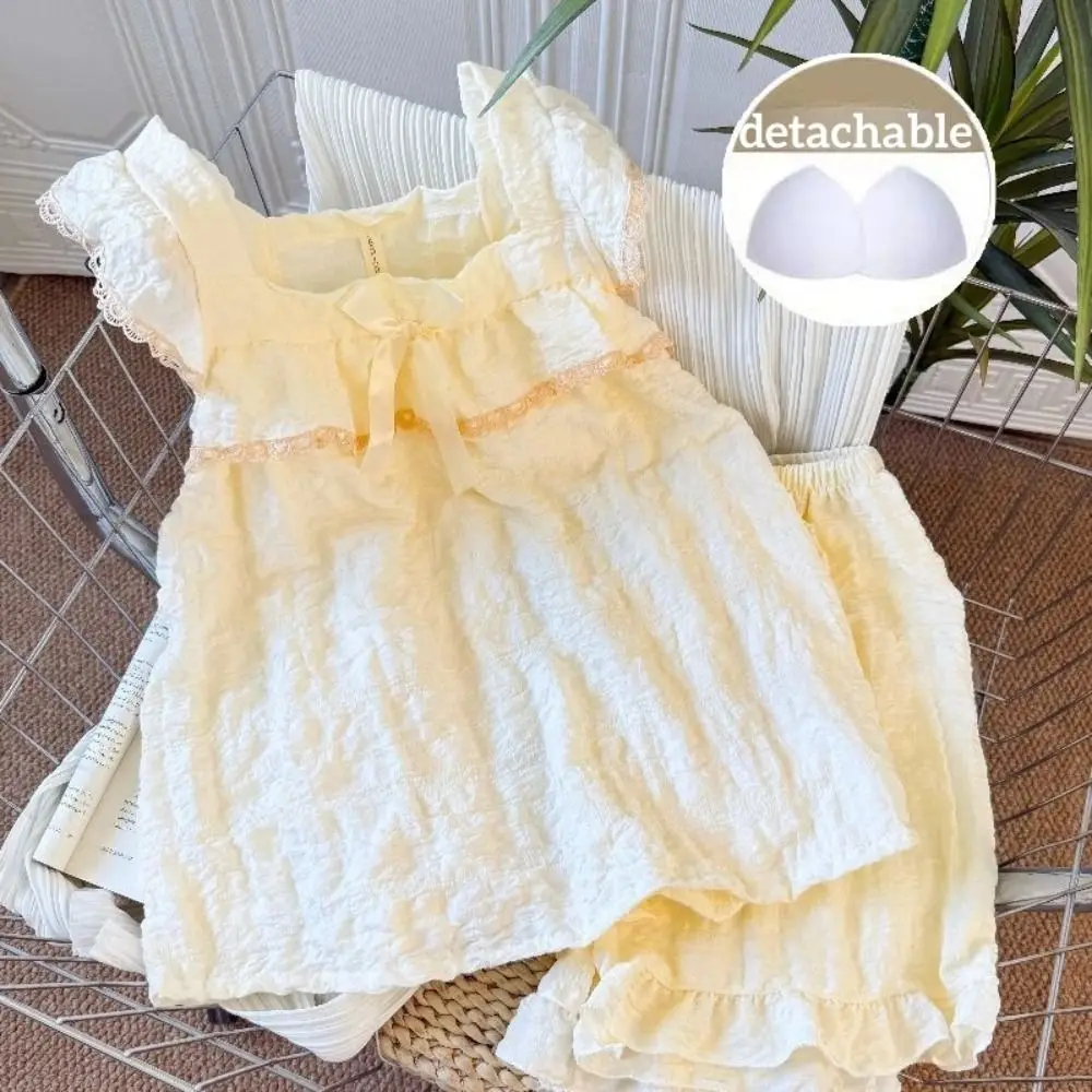 Breathable Bowknot Sweet Pajamas Set Ruffle Loose Camisole Shorts Nightdress Summer with Bra Pad Sleeveless Nightwear Sleep
Breathable Bowknot Sweet Pajamas Set Ruffle Loose Camisole Shorts Nightdress Summer with Bra Pad Sleeveless Nightwear Sleep