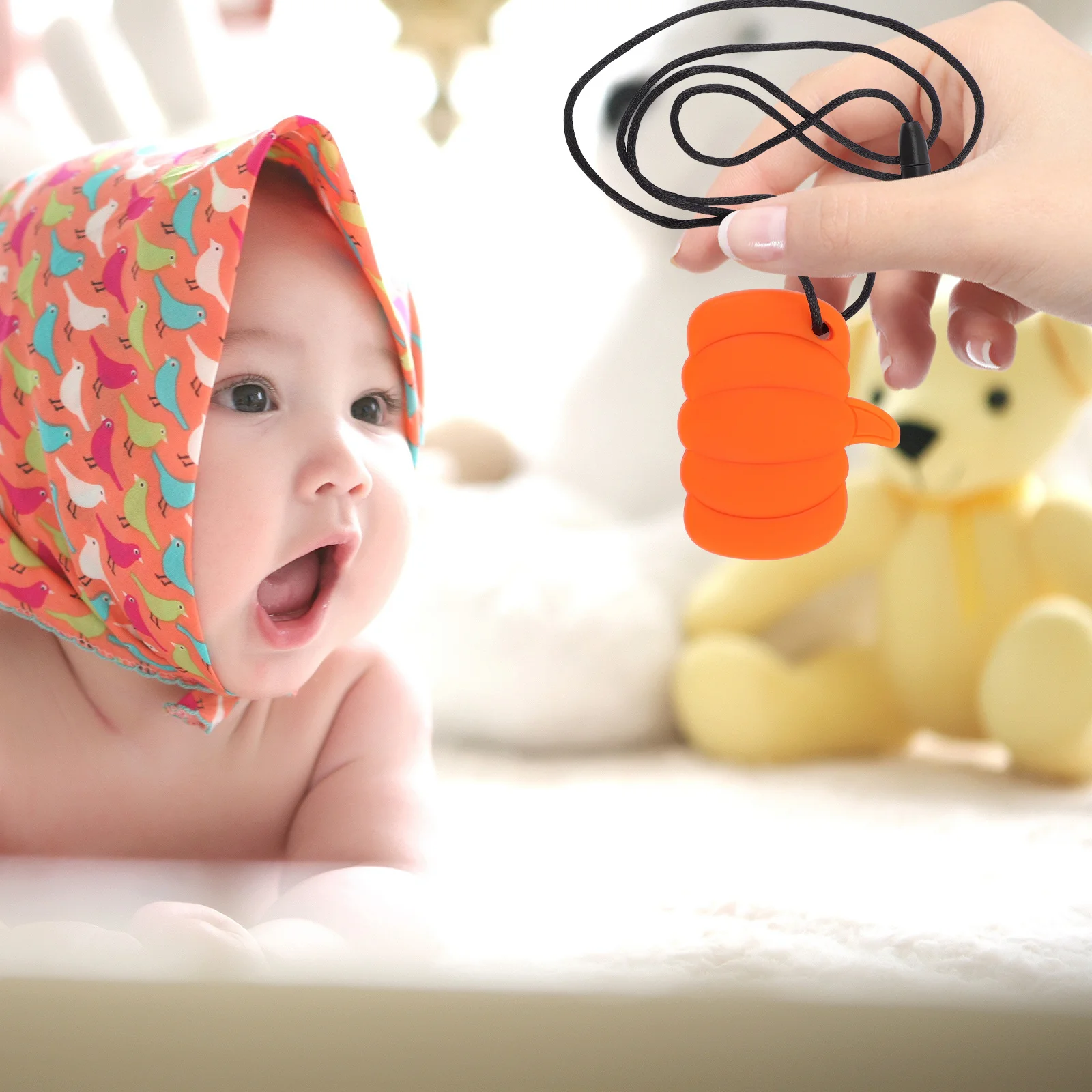 Pumpkin Teether Baby Chewy Necklace Sensory Silicone Safe Soft Flexible Comfortable Teething Relief Baby Teether
Pumpkin Teether Baby Chewy Necklace Sensory Silicone Safe Soft Flexible Comfortable Teething Relief Baby Teether