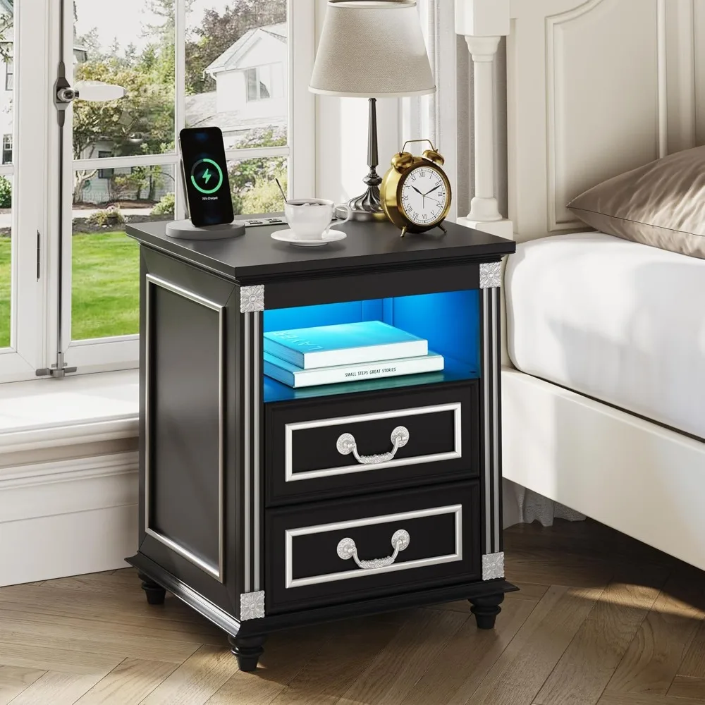 LED Nightstand with Charging Station and 2 Drawers, Wooden Bed Side Table, Modern Bedside End Table with Open Shelf for Bedroom
LED Nightstand with Charging Station and 2 Drawers, Wooden Bed Side Table, Modern Bedside End Table with Open Shelf for Bedroom
