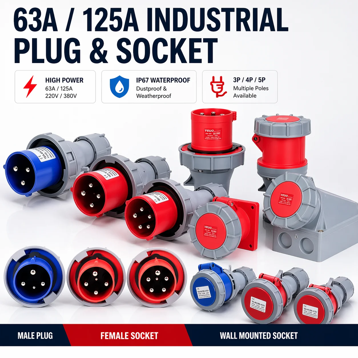 63A 125A Industrial Male Female Plug Socket IP67 Waterproof 3P 4P 5P Wall Mounted Electrical Connector 220V 380V
63A 125A Industrial Male Female Plug Socket IP67 Waterproof 3P 4P 5P Wall Mounted Electrical Connector 220V 380V