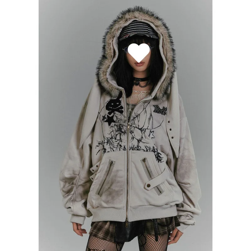 American retro fur collar rabbit ear hooded sweater jacket gray Y2K printed fleece thickened women's top autumn and winter
American retro fur collar rabbit ear hooded sweater jacket gray Y2K printed fleece thickened women's top autumn and winter