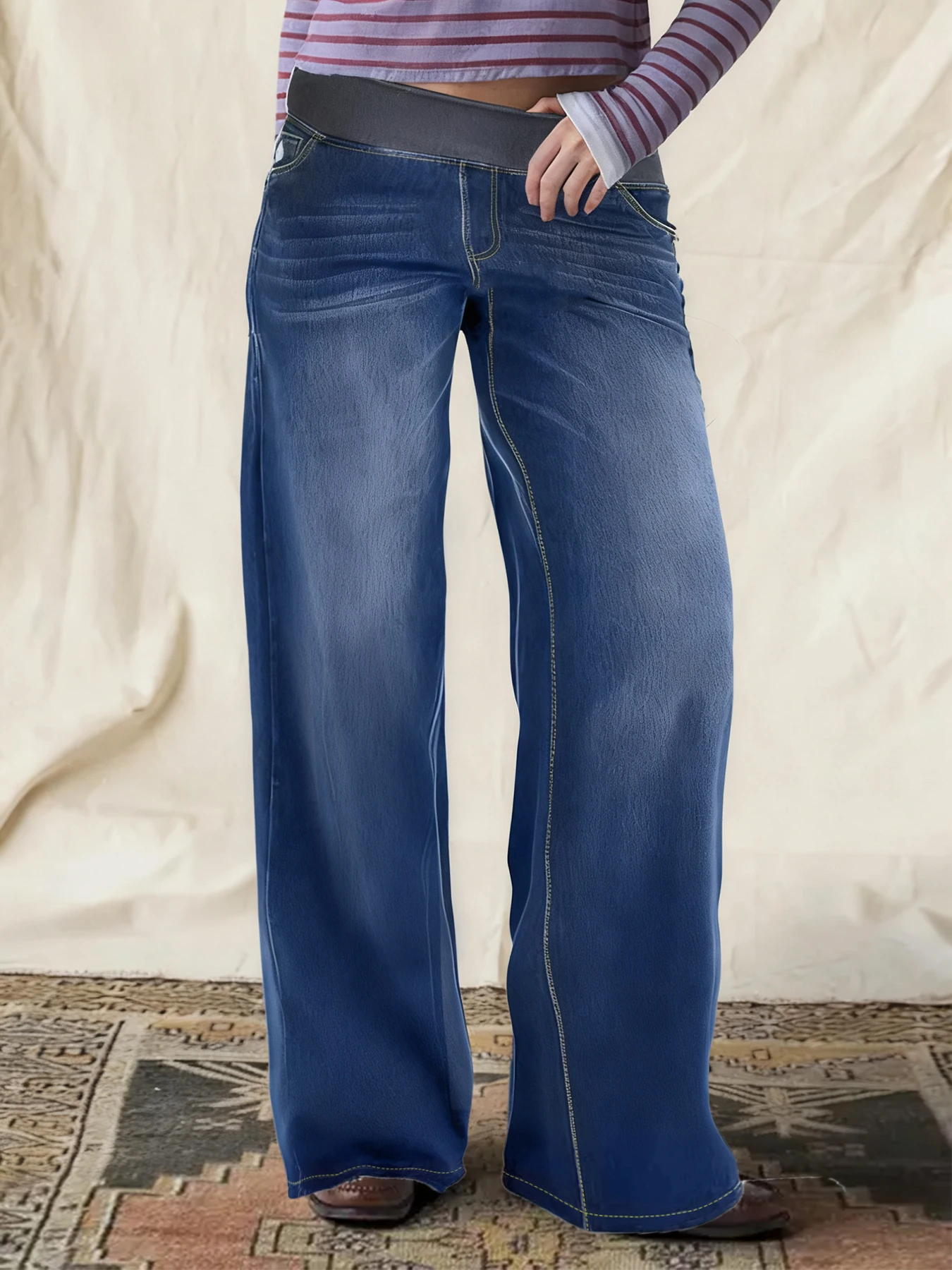 Women's Plus Size Dark Blue Washed Distressed Contrast Stitching Ribbed Waistband Stretchy Relaxed Wide Leg Denim Pants
Women's Plus Size Dark Blue Washed Distressed Contrast Stitching Ribbed Waistband Stretchy Relaxed Wide Leg Denim Pants